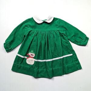 Vintage Maggie Mackall Dress Girls Size 18m Green Snowman Christmas Corduroy